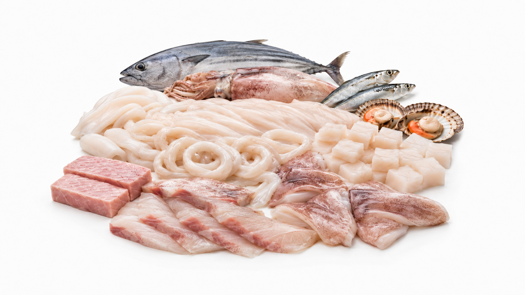 Composición de productos pesqueros: atún, calamar, conchas de abanico, sardinas, filetes